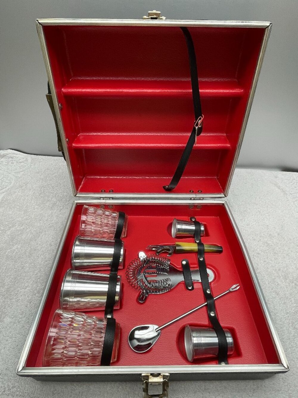 Vintage 1960s Trav-L-Bar Portable Cocktail Bar Set, Red Interior Mid-Century MCM